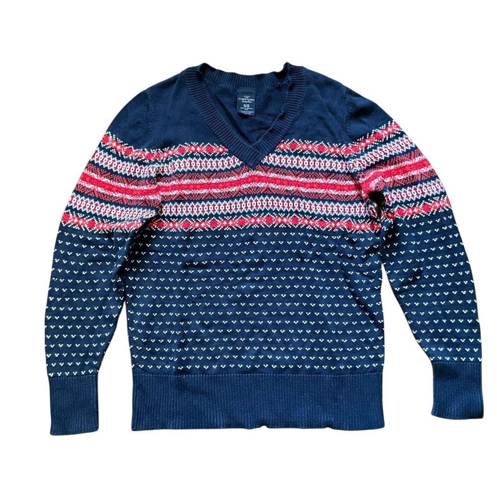 Faded Glory Navy-Blue Multicolor V-Neck Sweater: Y2K, Modern